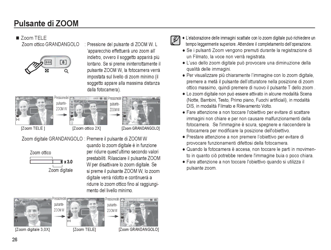 Samsung EC-ES10ZBBA/IT, EC-ES10ZSBA/IT manual Mento del livello minimo, Zoom ottico 