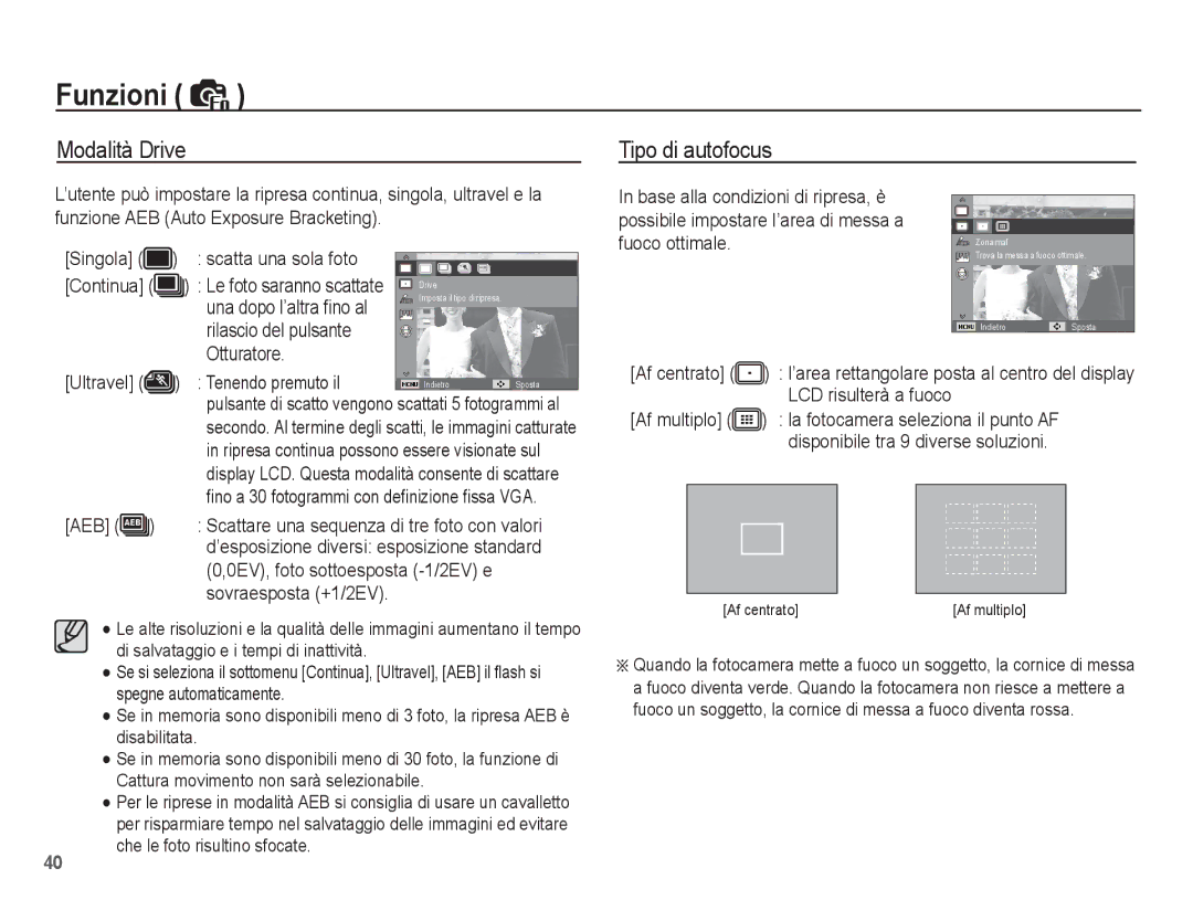 Samsung EC-ES10ZBBA/IT, EC-ES10ZSBA/IT manual Modalità Drive, Tipo di autofocus 