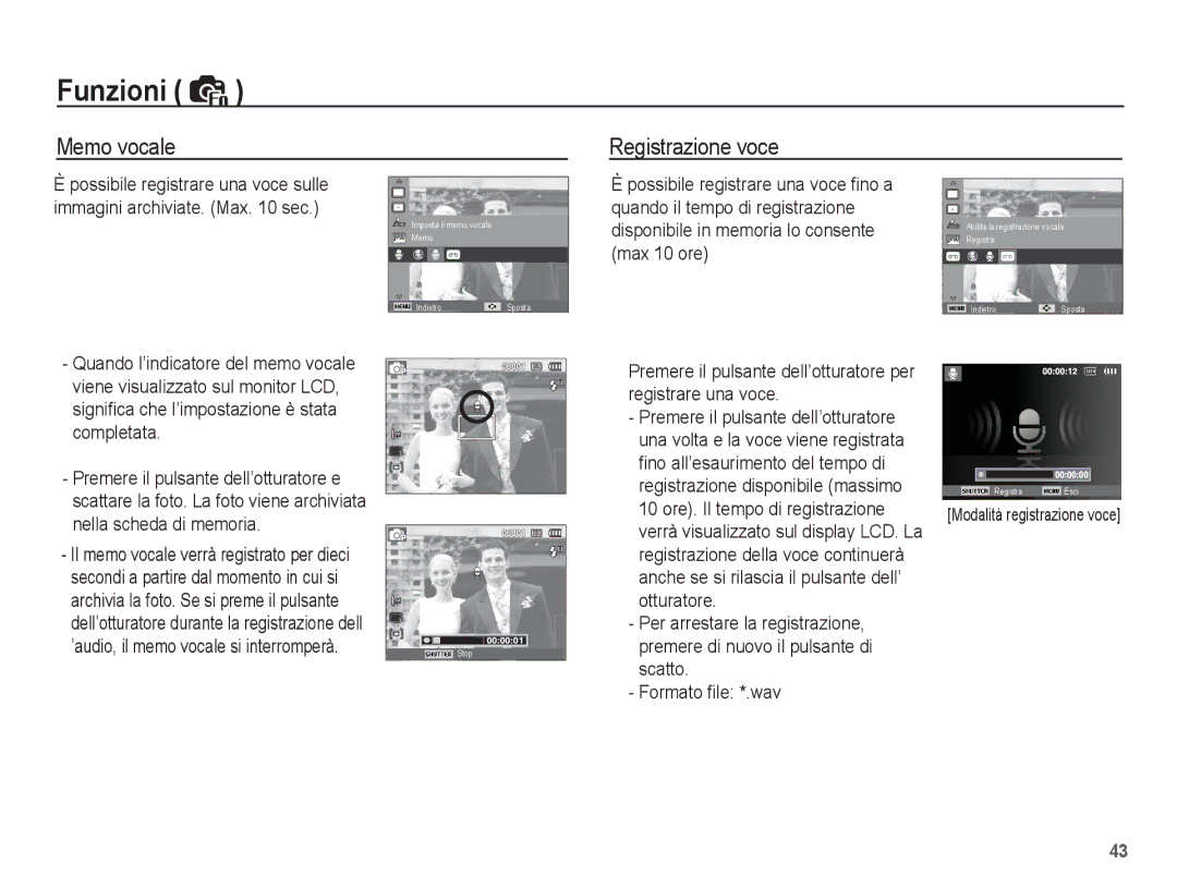 Samsung EC-ES10ZSBA/IT, EC-ES10ZBBA/IT manual Memo vocale Registrazione voce, Modalità registrazione voce 