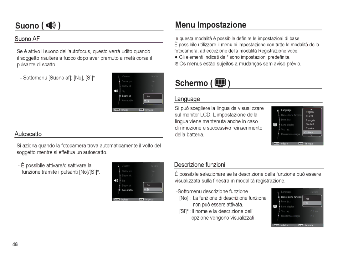 Samsung EC-ES10ZBBA/IT, EC-ES10ZSBA/IT manual Menu Impostazione, Schermo 