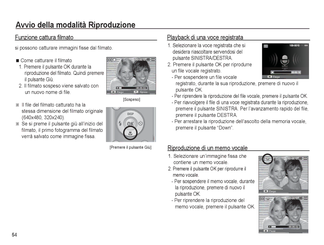 Samsung EC-ES10ZBBA/IT manual Funzione cattura filmato, Playback di una voce registrata, Riproduzione di un memo vocale 