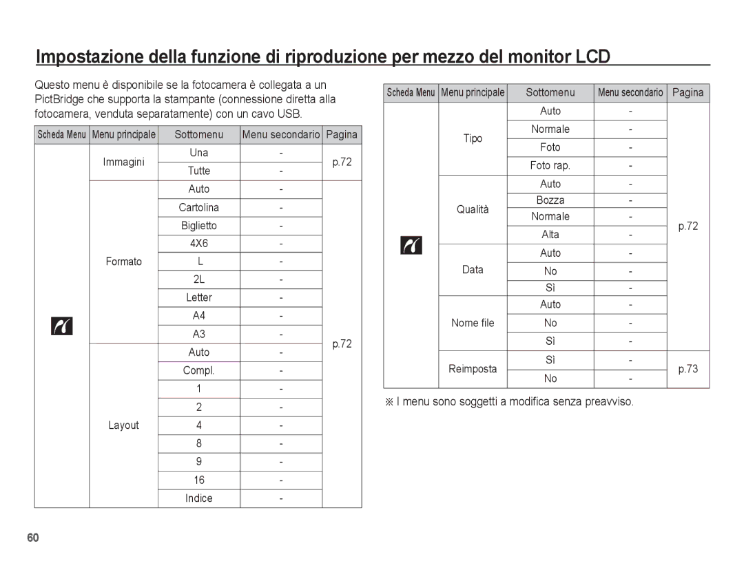 Samsung EC-ES10ZBBA/IT Menu sono soggetti a modifica senza preavviso, 4X6, Tipo Qualità Data Nome file Reimposta, Bozza 