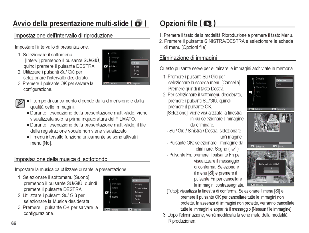 Samsung EC-ES10ZBBA/IT manual Opzioni file, Impostazione dell’intervallo di riproduzione, Eliminazione di immagini 