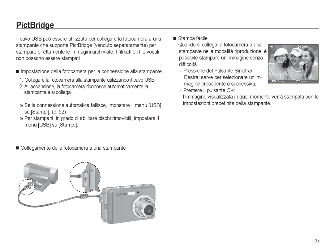 Samsung EC-ES10ZSBA/IT, EC-ES10ZBBA/IT manual PictBridge, Magine precedente o successiva 