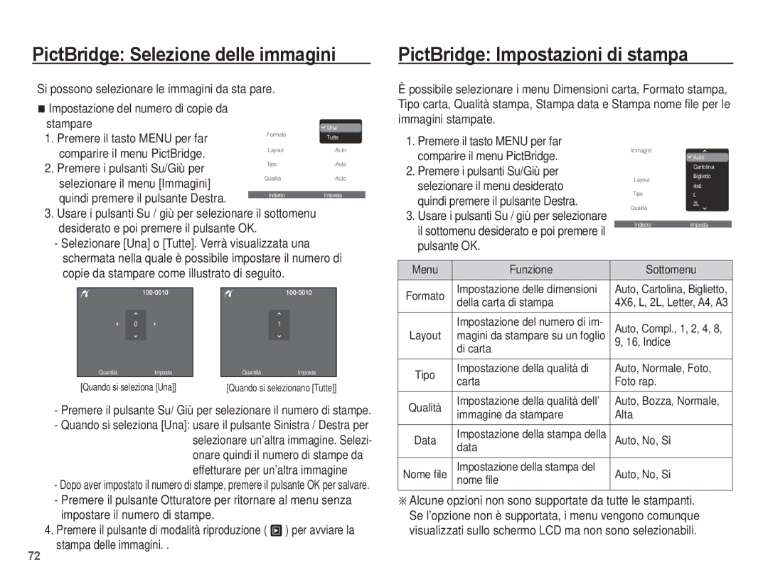 Samsung EC-ES10ZBBA/IT, EC-ES10ZSBA/IT manual PictBridge Selezione delle immagini, PictBridge Impostazioni di stampa 