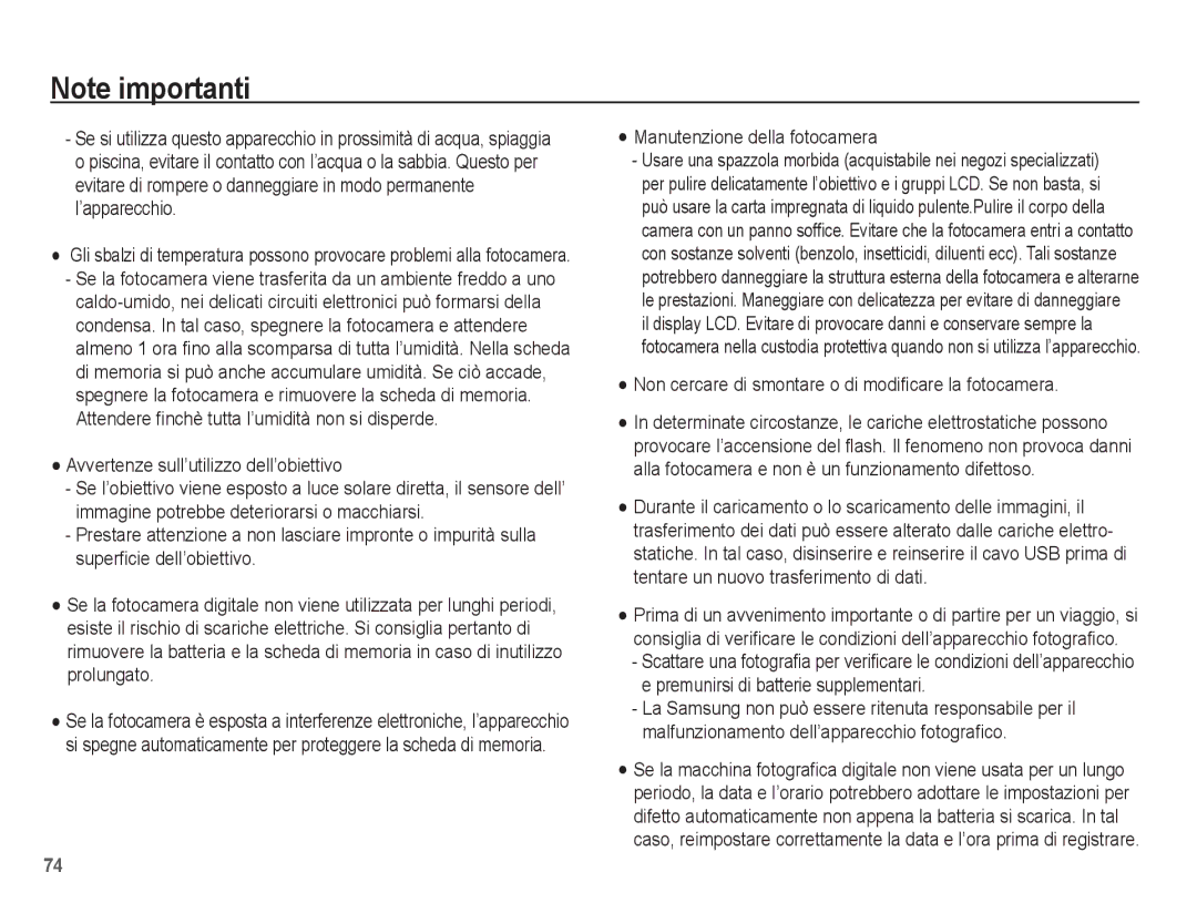 Samsung EC-ES10ZBBA/IT, EC-ES10ZSBA/IT manual Avvertenze sull’utilizzo dell’obiettivo, Manutenzione della fotocamera 