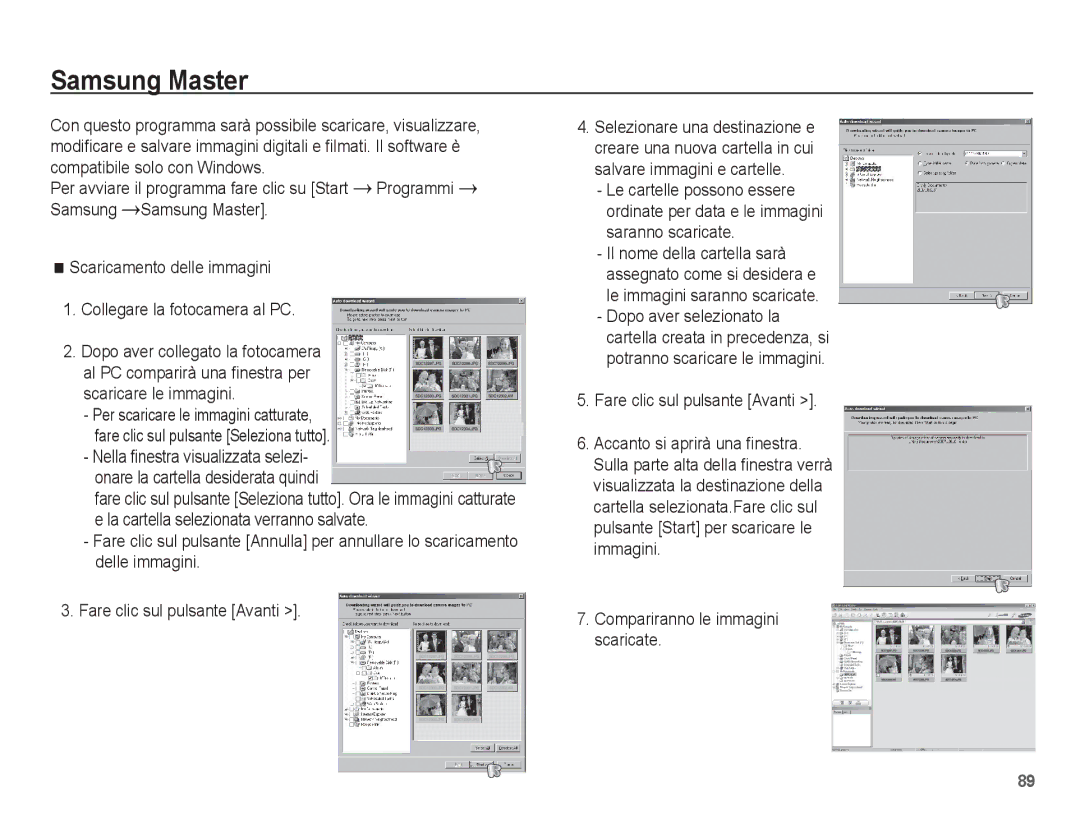 Samsung EC-ES10ZSBA/IT manual Samsung Master, Onare la cartella desiderata quindi, Compariranno le immagini scaricate 