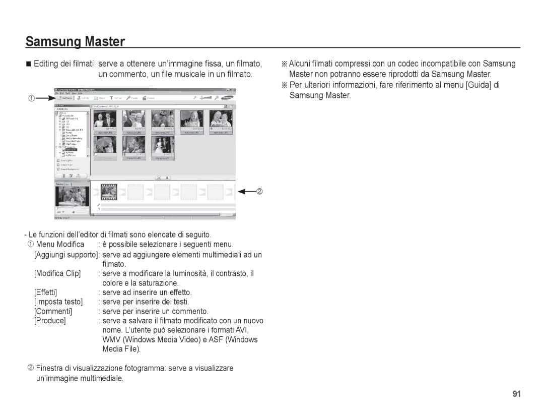 Samsung EC-ES10ZSBA/IT Le funzioni dell’editor di filmati sono elencate di seguito, Filmato, Modifica Clip, Media File 