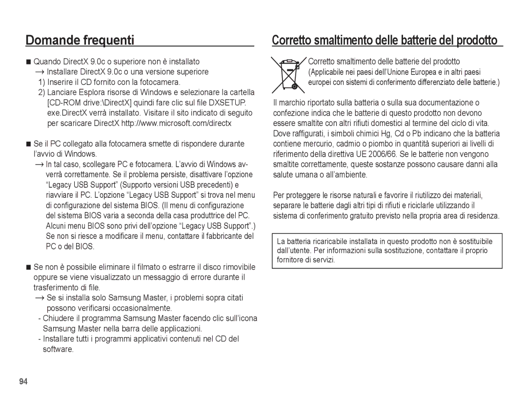 Samsung EC-ES10ZBBA/IT, EC-ES10ZSBA/IT manual Corretto smaltimento delle batterie del prodotto 