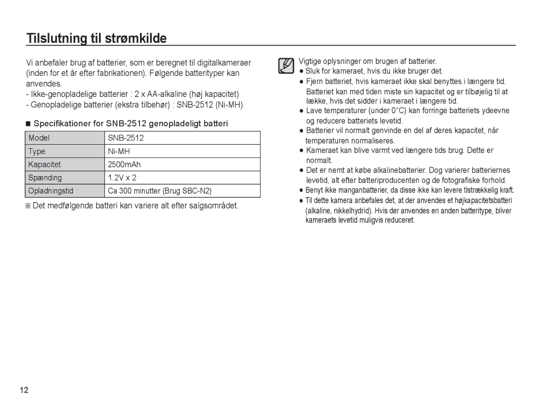 Samsung EC-ES15ZWBA/E2 manual Tilslutning til strømkilde, Det medfølgende batteri kan variere alt efter salgsområdet 