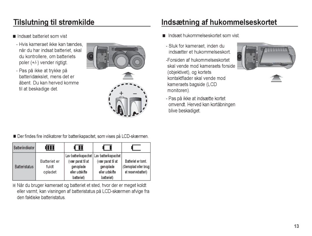 Samsung EC-ES15ZSBA/E2 manual Indsætning af hukommelseskortet, Indsæt batteriet som vist, Indsæt hukommelseskortet som vist 