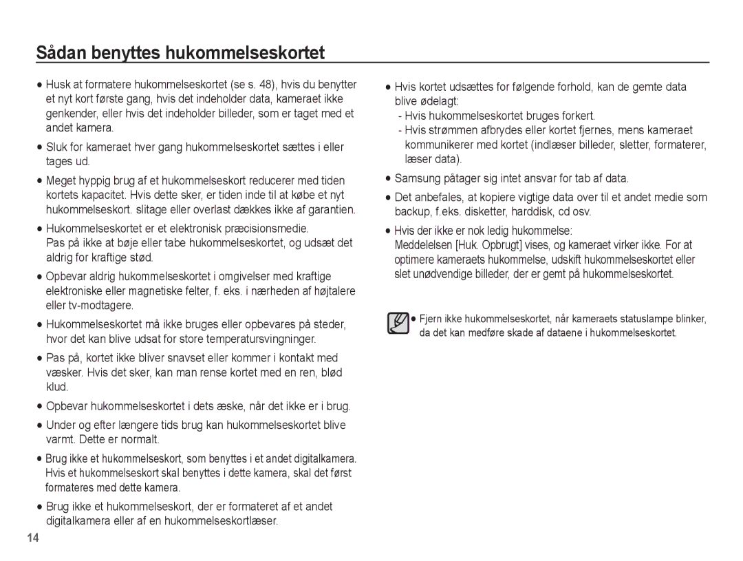 Samsung EC-ES15ZPBA/E2, EC-ES15ZBBA/E2, EC-ES15ZWBA/E2, EC-ES15ZSBA/E2 manual Sådan benyttes hukommelseskortet 