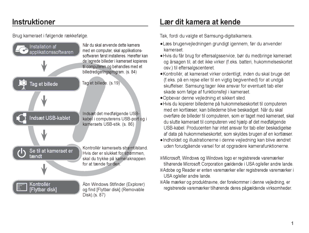 Samsung EC-ES15ZSBA/E2 Instruktioner, Lær dit kamera at kende, Brug kameraet i følgende rækkefølge, Tag et billede. s.19 