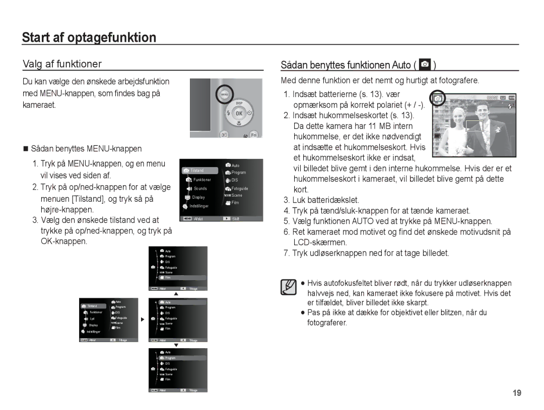 Samsung EC-ES15ZBBA/E2 manual Start af optagefunktion, Valg af funktioner Sådan benyttes funktionen Auto, LCD-skærmen 