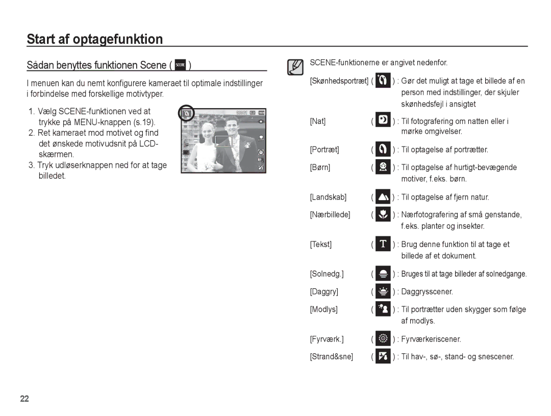 Samsung EC-ES15ZPBA/E2 Sådan benyttes funktionen Scene, SCENE-funktionerne er angivet nedenfor, Skønhedsfejl i ansigtet 