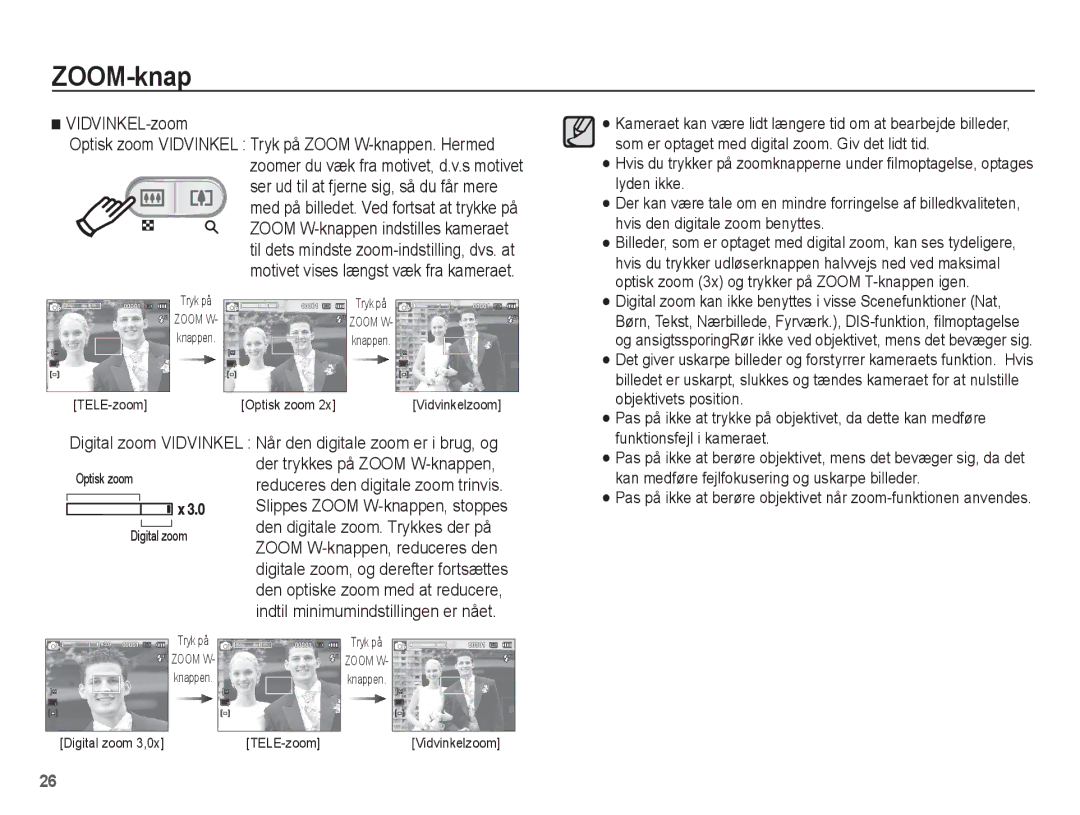 Samsung EC-ES15ZPBA/E2, EC-ES15ZBBA/E2, EC-ES15ZWBA/E2, EC-ES15ZSBA/E2 manual TELE-zoom Optisk zoom 