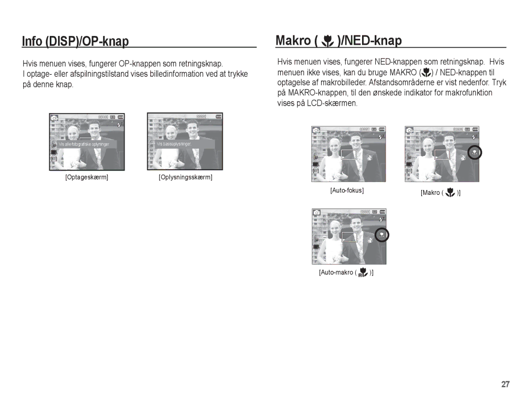 Samsung EC-ES15ZBBA/E2, EC-ES15ZWBA/E2, EC-ES15ZSBA/E2, EC-ES15ZPBA/E2 manual Info DISP/OP-knap, Makro /NED-knap 