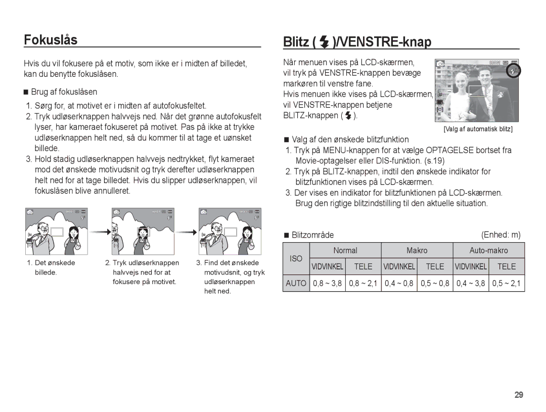 Samsung EC-ES15ZSBA/E2, EC-ES15ZBBA/E2, EC-ES15ZWBA/E2, EC-ES15ZPBA/E2 manual Fokuslås, Blitz /VENSTRE-knap, Enhed m 