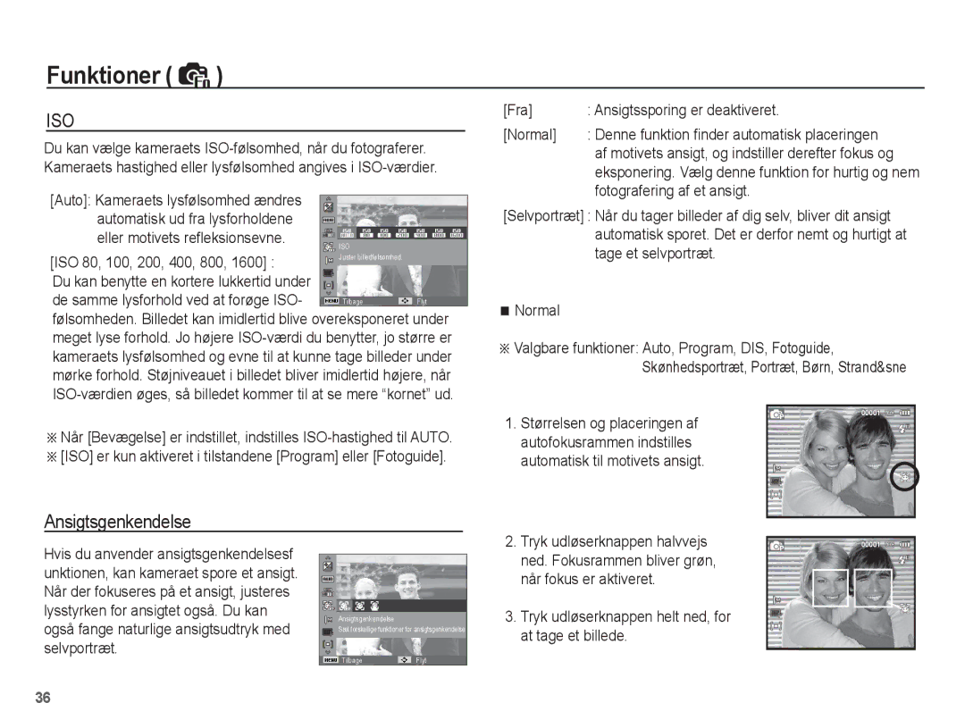 Samsung EC-ES15ZWBA/E2 manual Ansigtsgenkendelse, ISO 80, 100, 200, 400, 800, Fra Ansigtssporing er deaktiveret Normal 