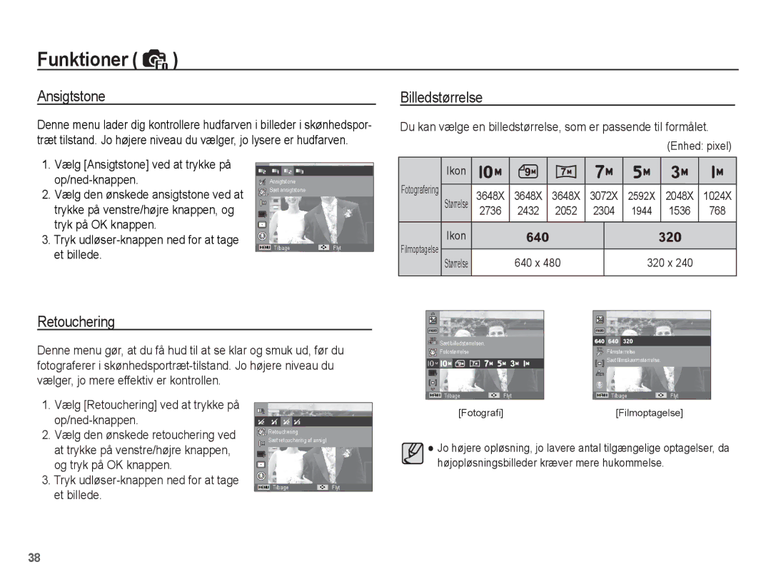 Samsung EC-ES15ZPBA/E2, EC-ES15ZBBA/E2, EC-ES15ZWBA/E2, EC-ES15ZSBA/E2 manual Ansigtstone, Billedstørrelse, Retouchering 