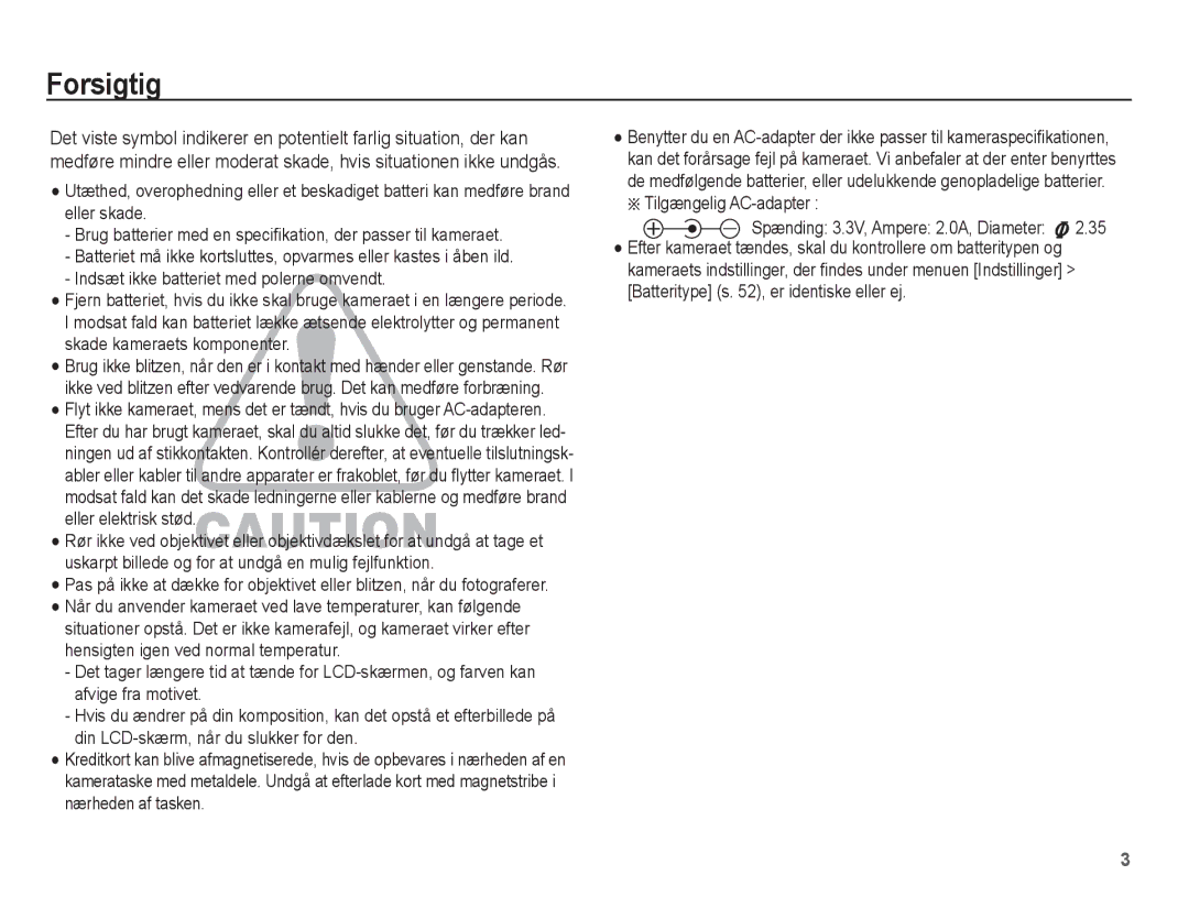 Samsung EC-ES15ZBBA/E2, EC-ES15ZWBA/E2, EC-ES15ZSBA/E2, EC-ES15ZPBA/E2 manual Forsigtig, Tilgængelig AC-adapter 