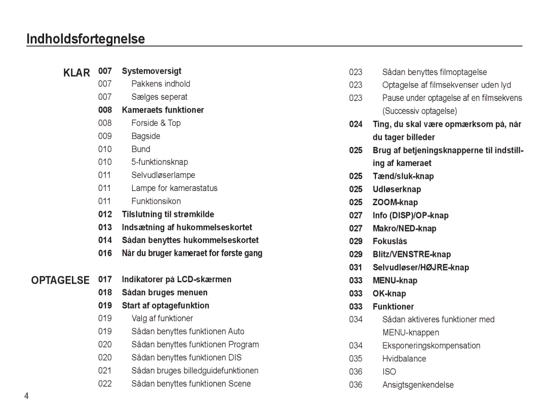 Samsung EC-ES15ZWBA/E2, EC-ES15ZBBA/E2, EC-ES15ZSBA/E2 manual Indholdsfortegnelse, Pakkens indhold 007 Sælges seperat 