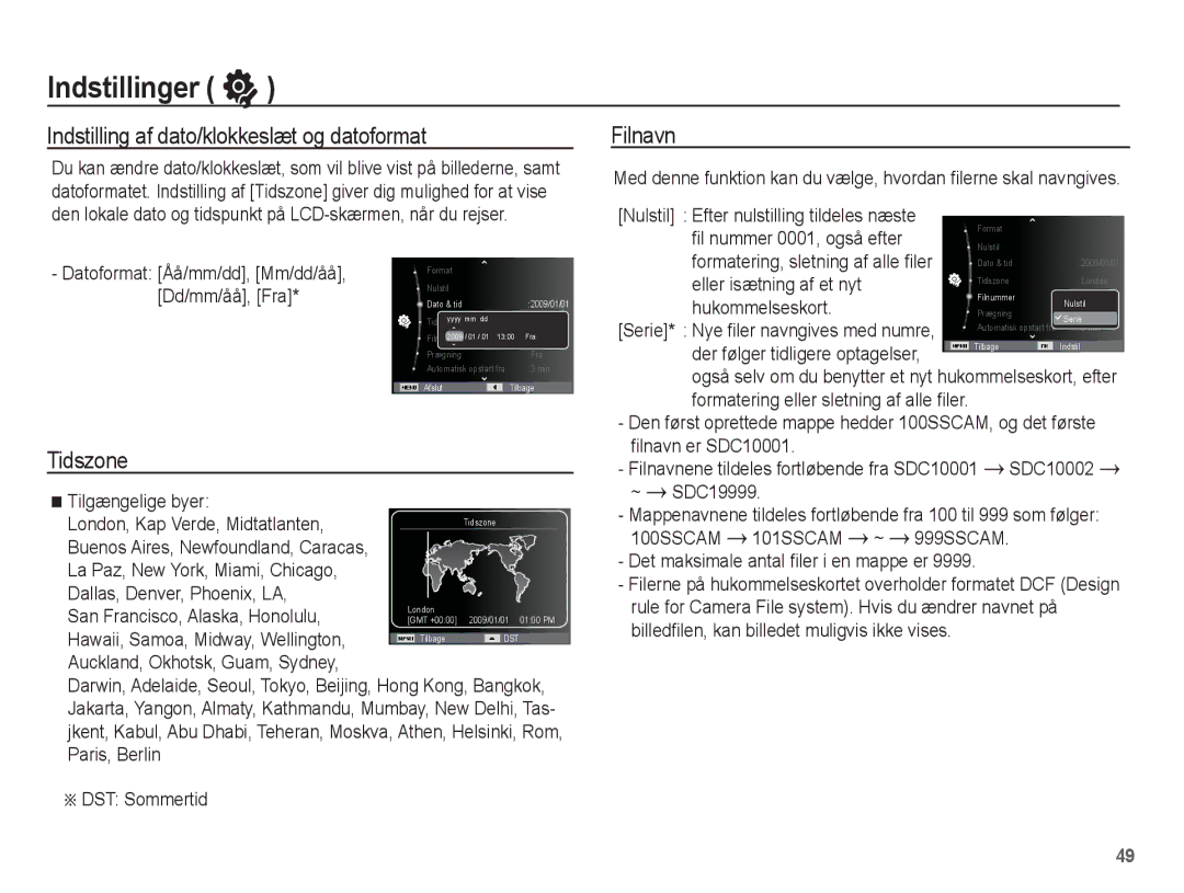 Samsung EC-ES15ZSBA/E2, EC-ES15ZBBA/E2, EC-ES15ZWBA/E2 manual Indstilling af dato/klokkeslæt og datoformat, Tidszone, Filnavn 