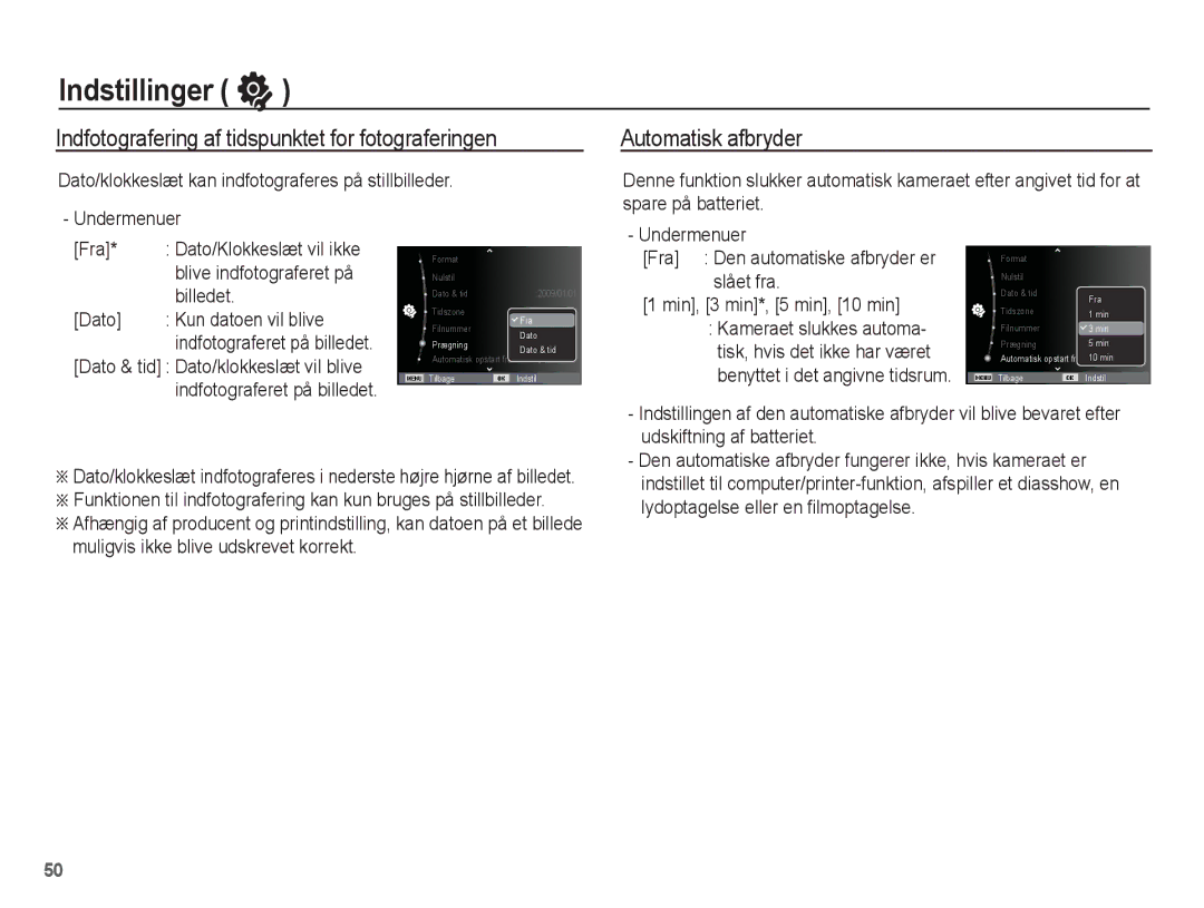 Samsung EC-ES15ZPBA/E2, EC-ES15ZBBA/E2 manual Indfotografering af tidspunktet for fotograferingen, Automatisk afbryder 