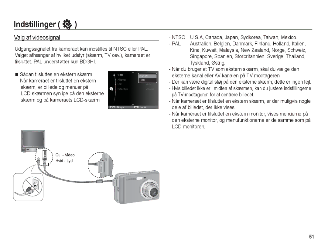 Samsung EC-ES15ZBBA/E2, EC-ES15ZWBA/E2 manual Valg af videosignal, Ntsc U.S.A, Canada, Japan, Sydkorea, Taiwan, Mexico 