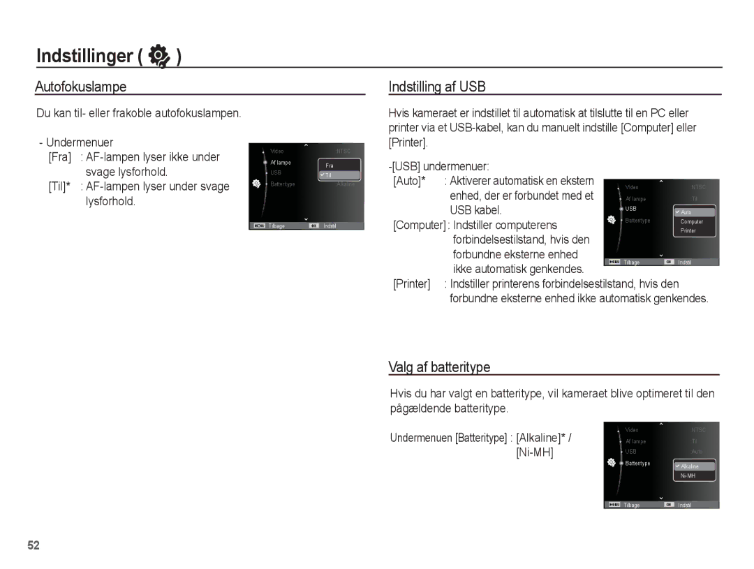 Samsung EC-ES15ZWBA/E2, EC-ES15ZBBA/E2, EC-ES15ZSBA/E2 manual Autofokuslampe Indstilling af USB, Valg af batteritype 