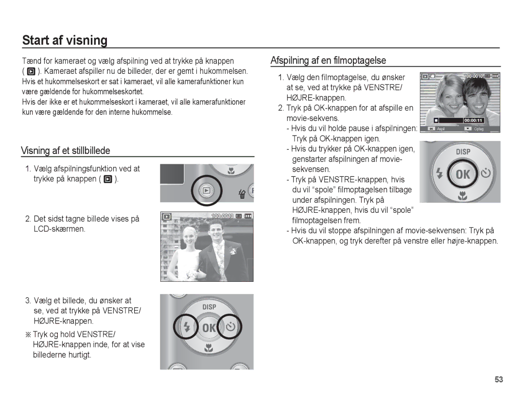 Samsung EC-ES15ZSBA/E2, EC-ES15ZBBA/E2 manual Start af visning, Visning af et stillbillede, Afspilning af en filmoptagelse 