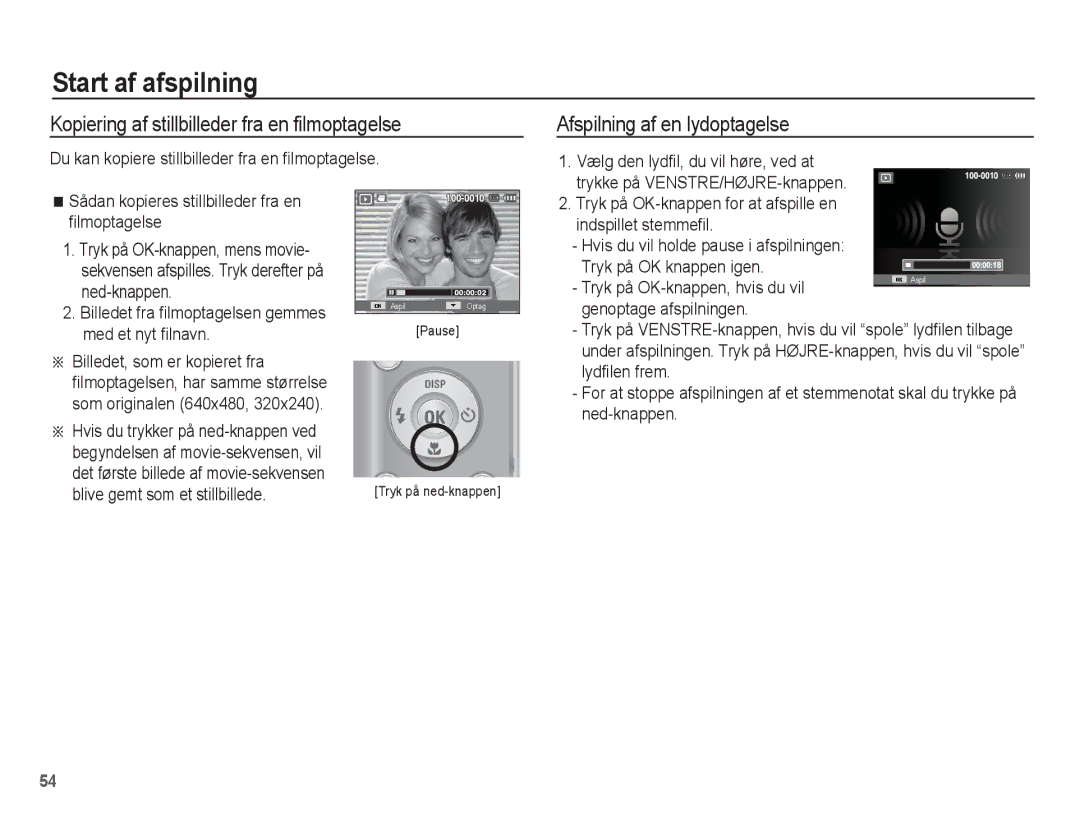 Samsung EC-ES15ZPBA/E2 Start af afspilning, Kopiering af stillbilleder fra en filmoptagelse, Afspilning af en lydoptagelse 