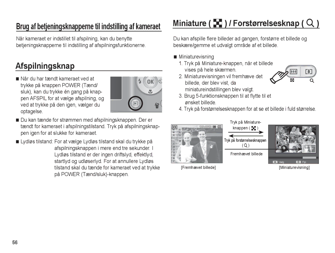 Samsung EC-ES15ZWBA/E2, EC-ES15ZBBA/E2, EC-ES15ZSBA/E2, EC-ES15ZPBA/E2 Miniature º / Forstørrelsesknap í, Afspilningsknap 