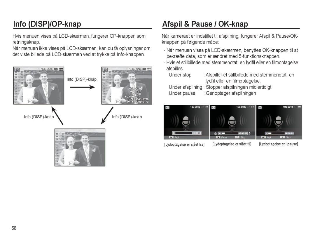 Samsung EC-ES15ZPBA/E2 manual Afspil & Pause / OK-knap, Lydfil eller en filmoptagelse, Under pause Genoptager afspilningen 