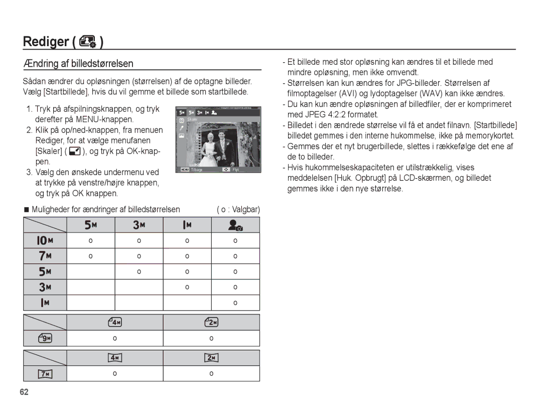 Samsung EC-ES15ZPBA/E2, EC-ES15ZBBA/E2, EC-ES15ZWBA/E2, EC-ES15ZSBA/E2 manual Rediger, Ændring af billedstørrelsen 