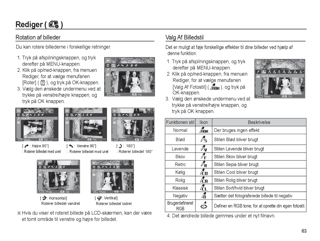 Samsung EC-ES15ZBBA/E2, EC-ES15ZWBA/E2, EC-ES15ZSBA/E2, EC-ES15ZPBA/E2 manual Rotation af billeder 