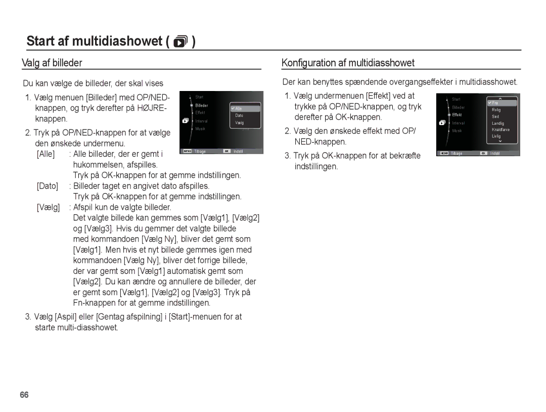 Samsung EC-ES15ZPBA/E2 manual Valg af billeder, Konfiguration af multidiasshowet, Du kan vælge de billeder, der skal vises 