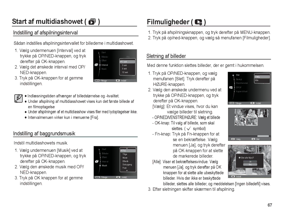 Samsung EC-ES15ZBBA/E2, EC-ES15ZWBA/E2 manual Filmuligheder, Indstilling af afspilningsinterval, Sletning af billeder 