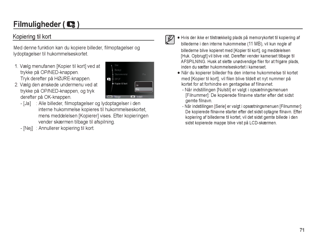 Samsung EC-ES15ZBBA/E2, EC-ES15ZWBA/E2 manual Kopiering til kort, Trykke på OP/NED-knappen, Tryk derefter på HØJRE-knappen 