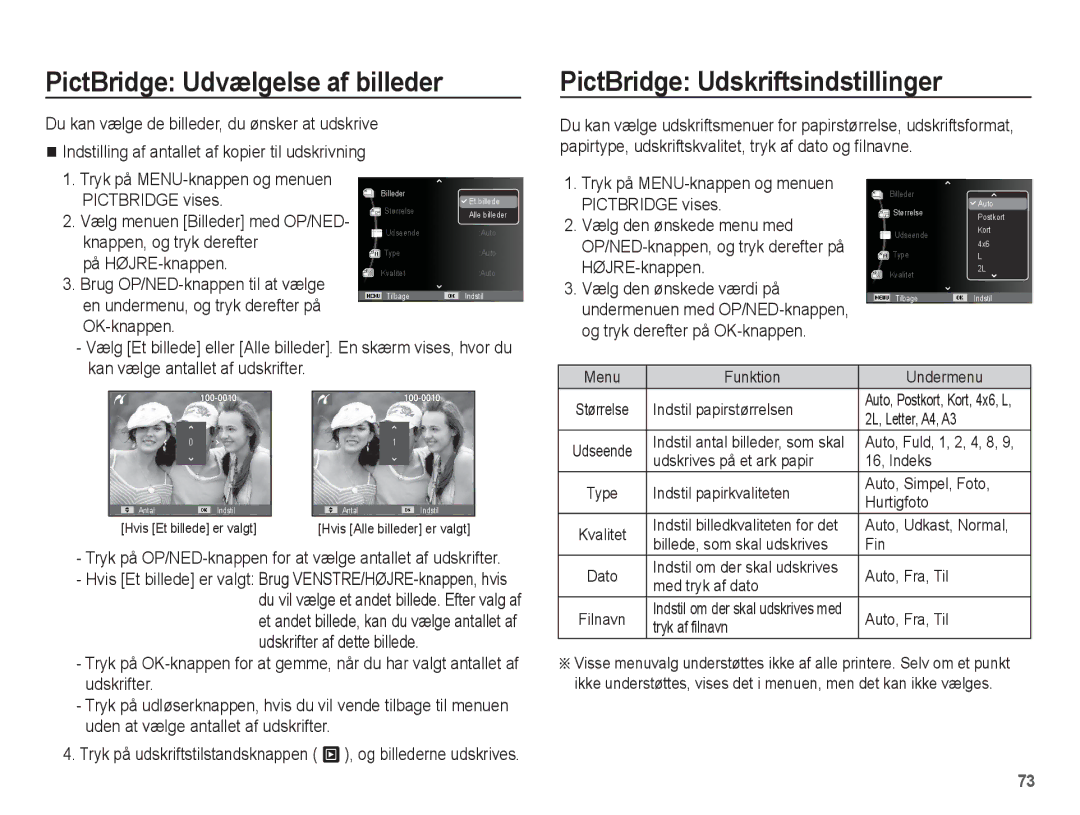 Samsung EC-ES15ZSBA/E2 PictBridge Udvælgelse af billeder, PictBridge Udskriftsindstillinger, Knappen, og tryk derefter 