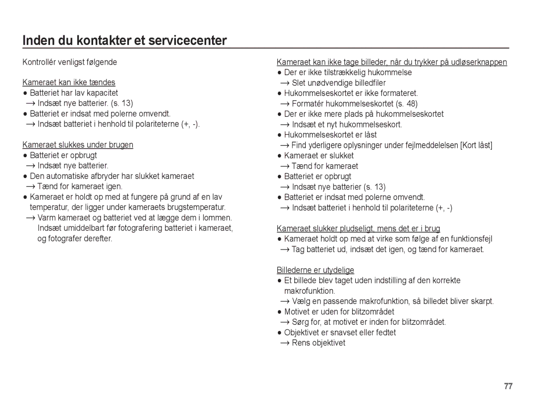 Samsung EC-ES15ZSBA/E2, EC-ES15ZBBA/E2, EC-ES15ZWBA/E2, EC-ES15ZPBA/E2 manual Inden du kontakter et servicecenter 