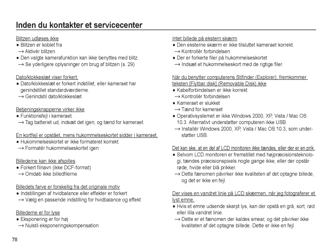 Samsung EC-ES15ZPBA/E2, EC-ES15ZBBA/E2, EC-ES15ZWBA/E2 manual Blitzen udløses ikke Blitzen er koblet fra Aktivér blitzen 