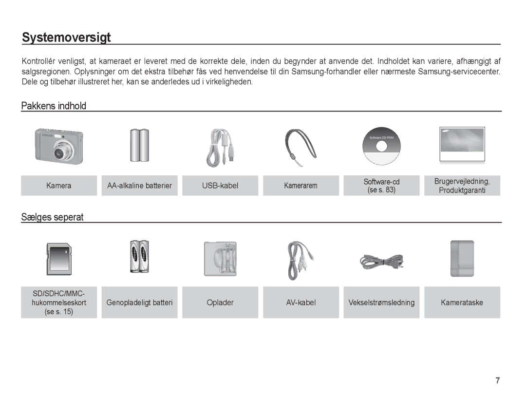 Samsung EC-ES15ZBBA/E2 Systemoversigt, Pakkens indhold, Sælges seperat, Kamera AA-alkaline batterier USB-kabel Kamerarem 