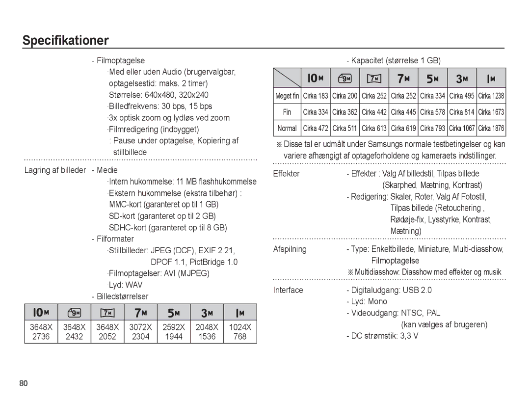 Samsung EC-ES15ZWBA/E2 manual Filmoptagelse, Pause under optagelse, Kopiering af stillbillede, Medie, Filformater, Effekter 