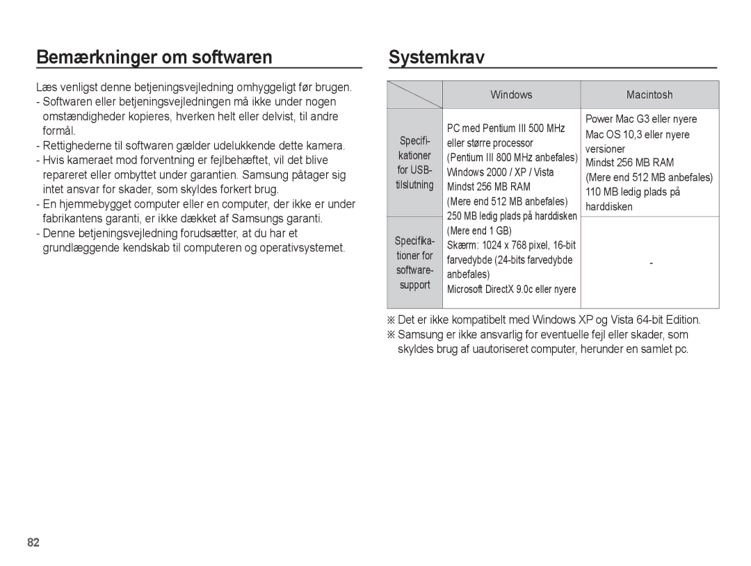 Samsung EC-ES15ZPBA/E2, EC-ES15ZBBA/E2, EC-ES15ZWBA/E2, EC-ES15ZSBA/E2 manual Bemærkninger om softwaren, Systemkrav 