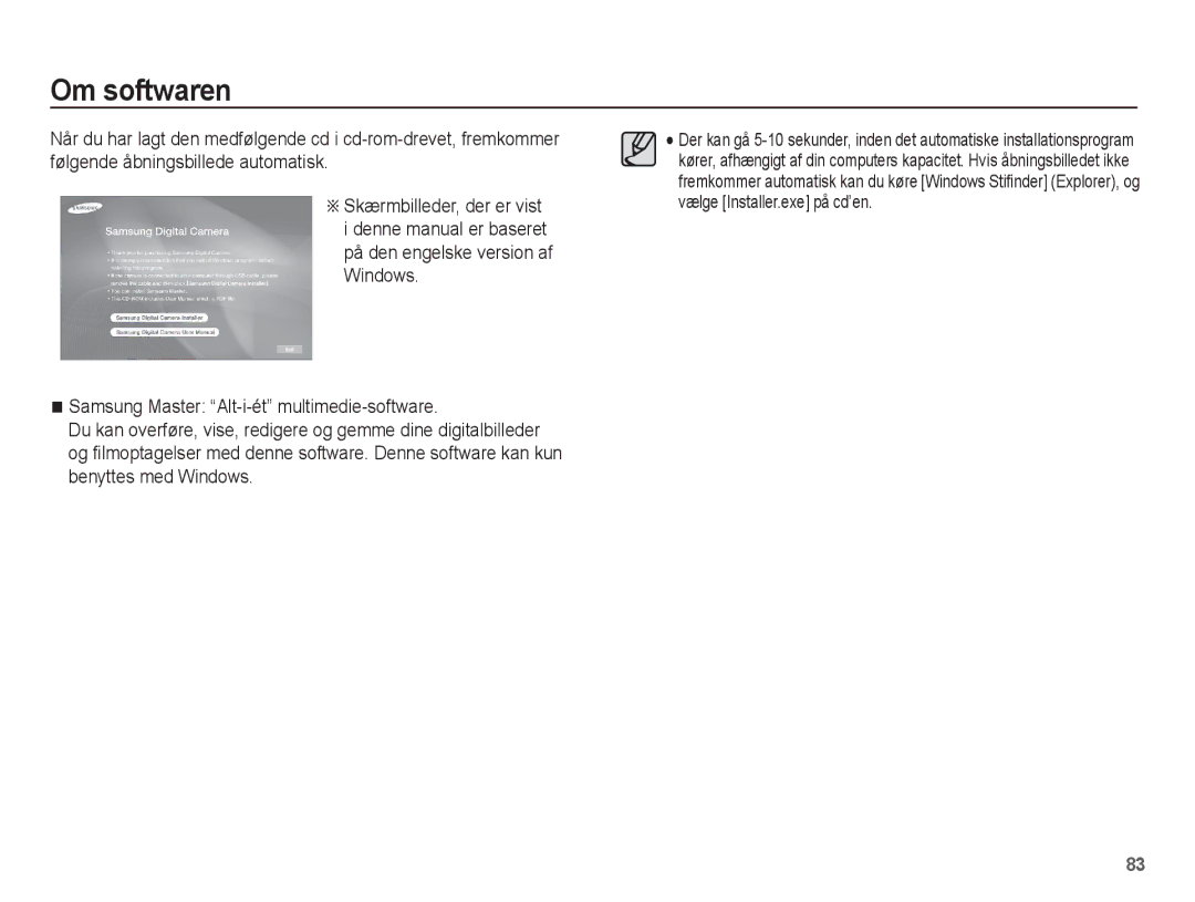 Samsung EC-ES15ZBBA/E2, EC-ES15ZWBA/E2, EC-ES15ZSBA/E2, EC-ES15ZPBA/E2 manual Om softwaren 