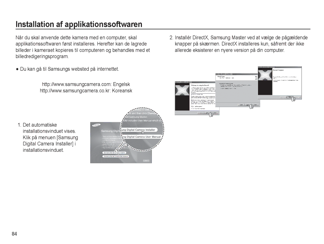 Samsung EC-ES15ZWBA/E2, EC-ES15ZBBA/E2, EC-ES15ZSBA/E2, EC-ES15ZPBA/E2 manual Installation af applikationssoftwaren 