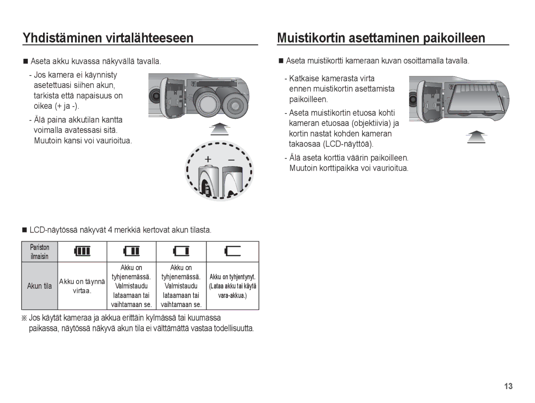 Samsung EC-ES15ZSBA/E2 manual Muistikortin asettaminen paikoilleen, Aseta akku kuvassa näkyvällä tavalla, Akun tila 