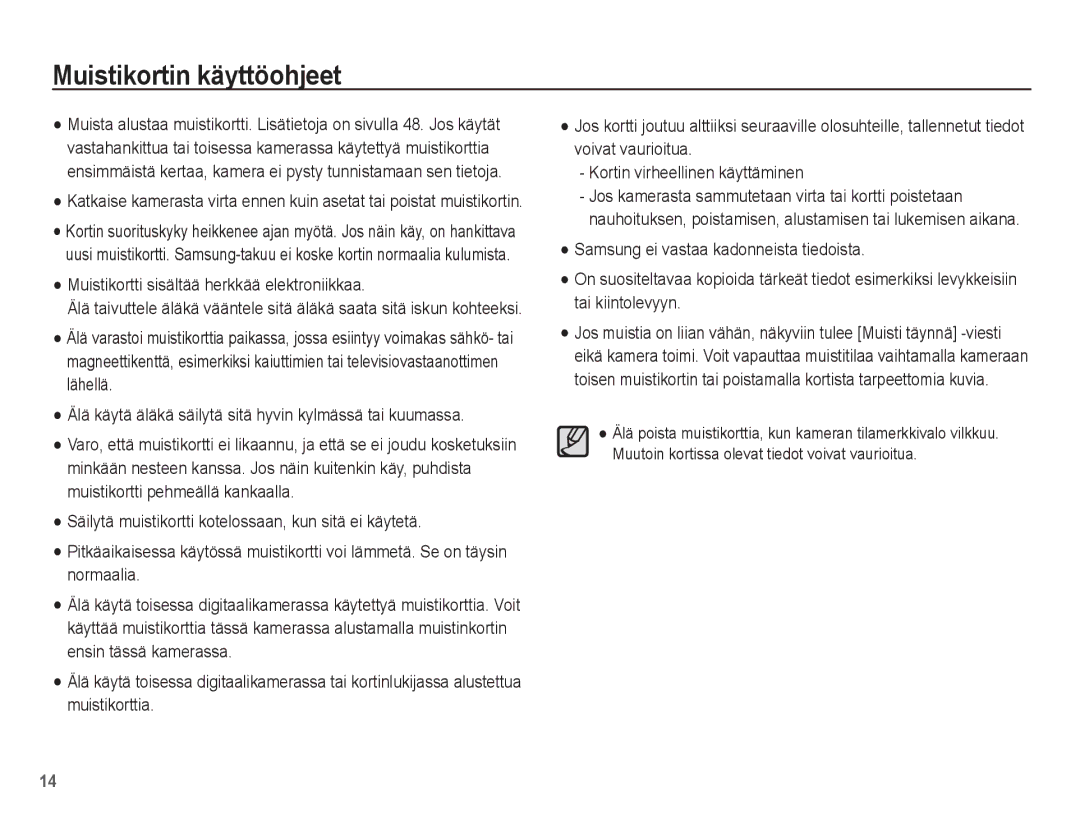 Samsung EC-ES15ZPBA/E2, EC-ES15ZBBA/E2 manual Muistikortin käyttöohjeet, Muistikortti sisältää herkkää elektroniikkaa 