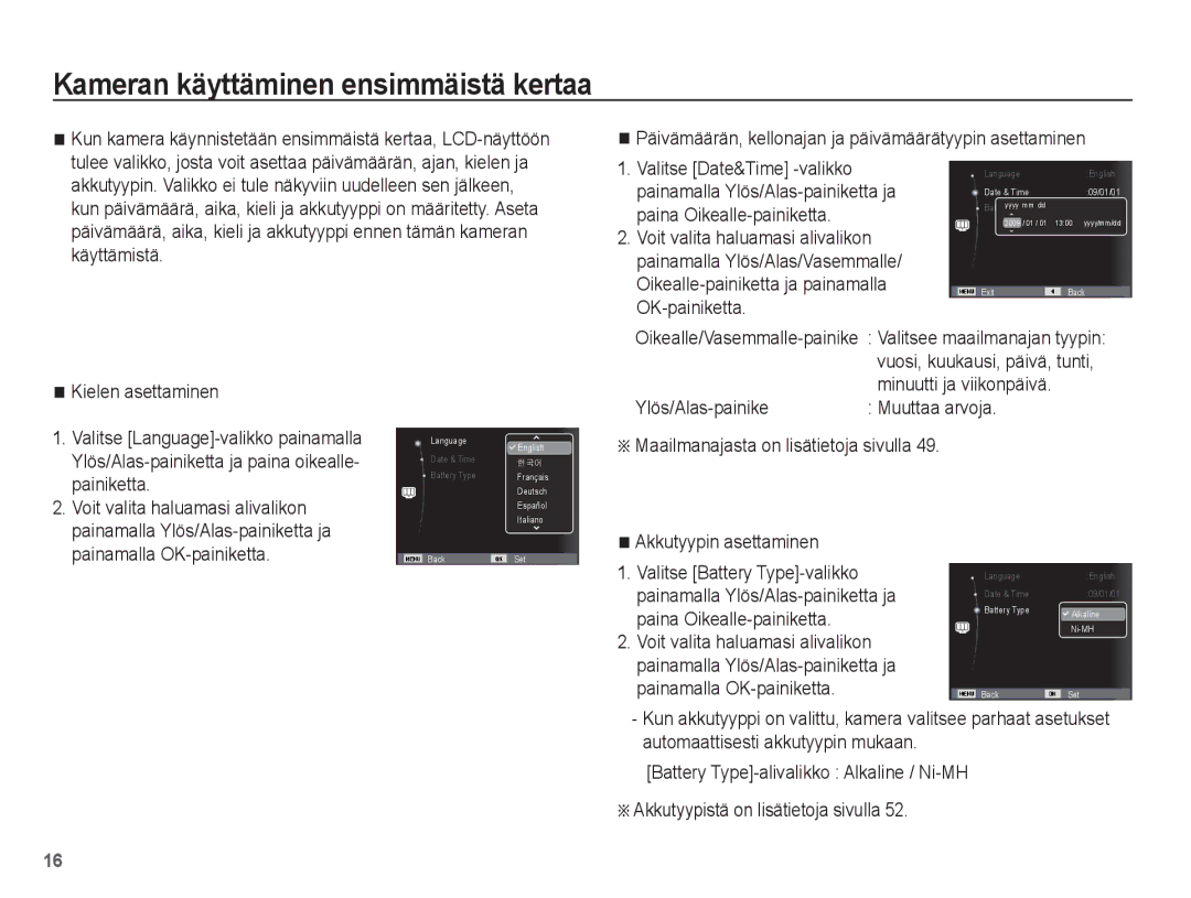 Samsung EC-ES15ZWBA/E2, EC-ES15ZBBA/E2, EC-ES15ZSBA/E2, EC-ES15ZPBA/E2 manual Kameran käyttäminen ensimmäistä kertaa 